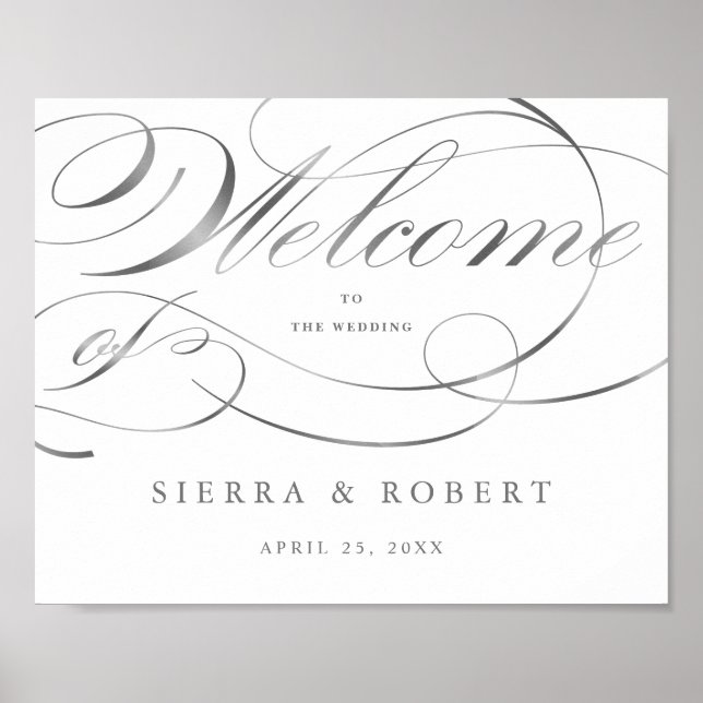 Poster Sinal de Boas-Vindas Elegante Faux Silver Script (Frente)