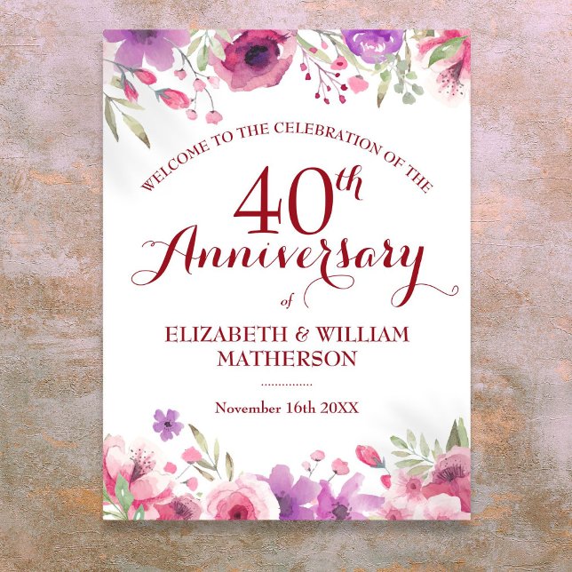 Poster Sinal de Boas-vindas Floral aos Rosas do 40º anive (40th Wedding Anniversary Roses Floral Welcome Sign)