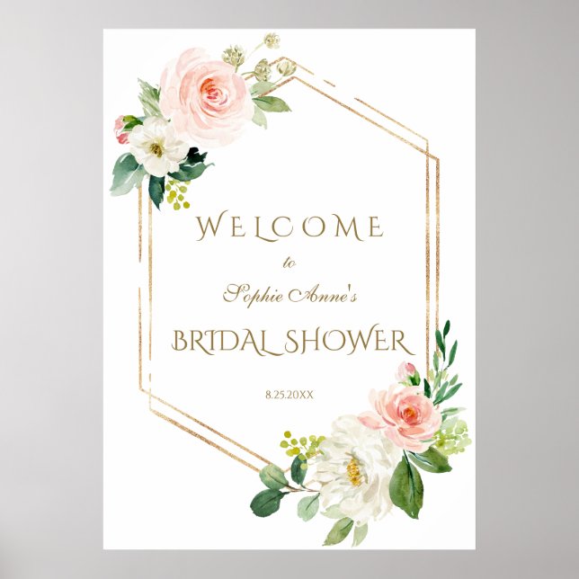 Poster Sinal de Boas-Vindas Floral Bege Branco Dourado pa (Frente)
