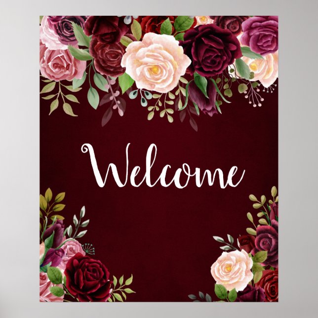 Poster Sinal de boas-vindas floral de Burgundy (Frente)