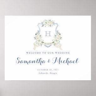 Poster Sinal de Boas-Vindas Floral Elegante em Azul Empoe
