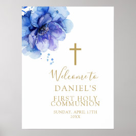 Poster Sinal de Boas-Vindas Floral em Aquarela Azul para
