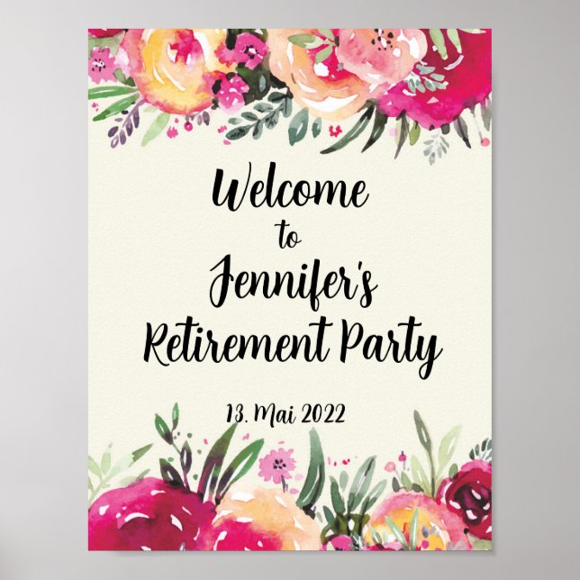 Poster Sinal de Boas-Vindas Floral para Festa de Aposenta (Frente)