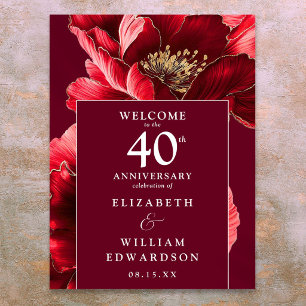 Poster Sinal de Boas-Vindas Floral Rubi Vermelho 40º Aniv