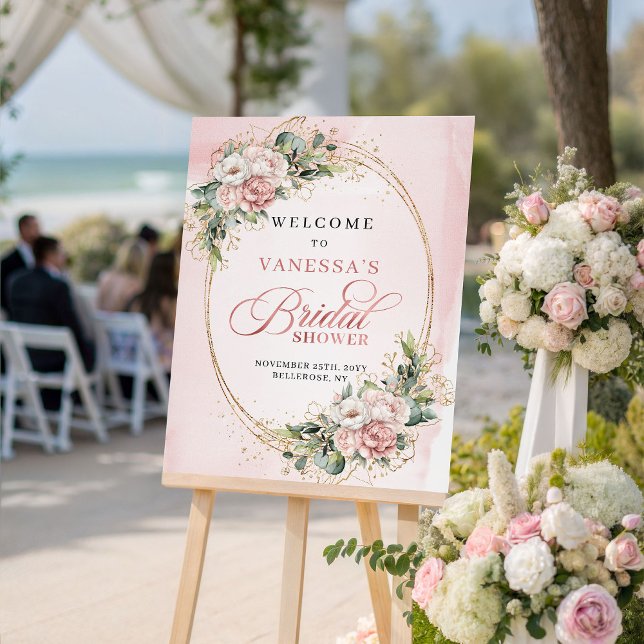 Poster Sinal de Boas-Vindas Floral Verde Moderno em Rosa  (Modern Dusty Pink Floral Greenery Gold Welcome Sign)
