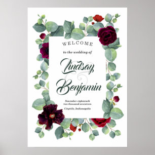 Poster Sinal de boas-vindas floral vermelho do casamento