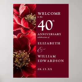 Poster Sinal de Boas-Vindas Floral Vermelho Rubi 40º Aniv