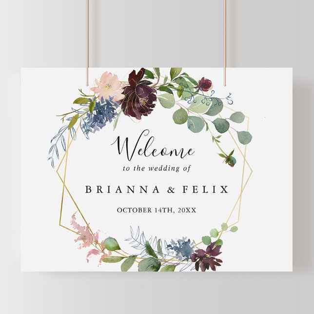 Poster Sinal de Boas-vindas Geométrico Dourado Burgundy (Criador carregado)