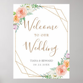 Poster Sinal de Boas-vindas Geométrico Flores de Aquarela