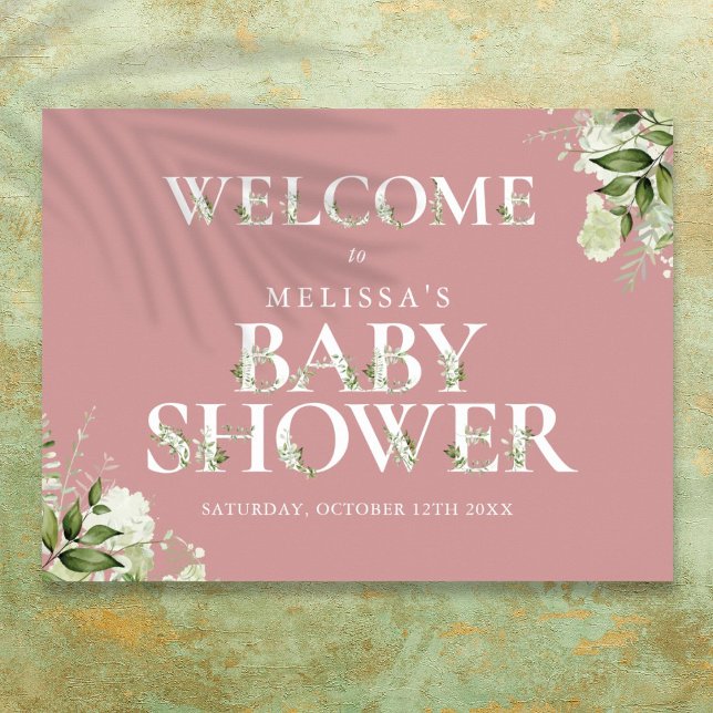 Poster Sinal de Boas-Vindas Greenery Rosa Po dusty Chá de (Greenery Dusty Rose Pink Baby Shower Welcome Sign)