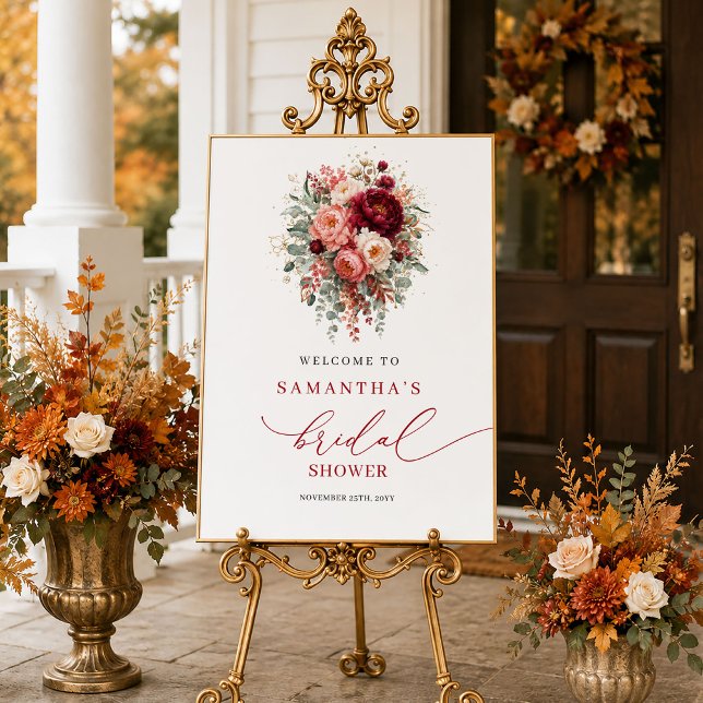 Poster Sinal de boas-vindas moderno de marsala floral par (Modern marsala floral fall bridal shower welcome sign

)