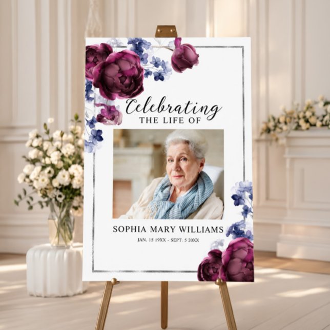 Poster Sinal de Boas-Vindas para Celebração Floral de Fun ("Celebrating the Life Of" memorial sign with purple floral corner design and photo, personalized)