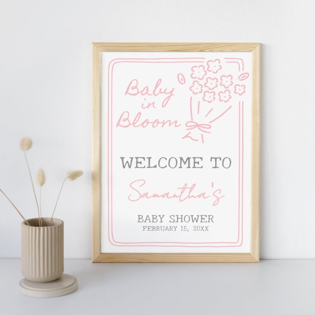 Poster Sinal de Boas-Vindas para Chá de Bebê Baby In Bloo (Hand Drawn Baby in Bloom Baby Shower Sign)