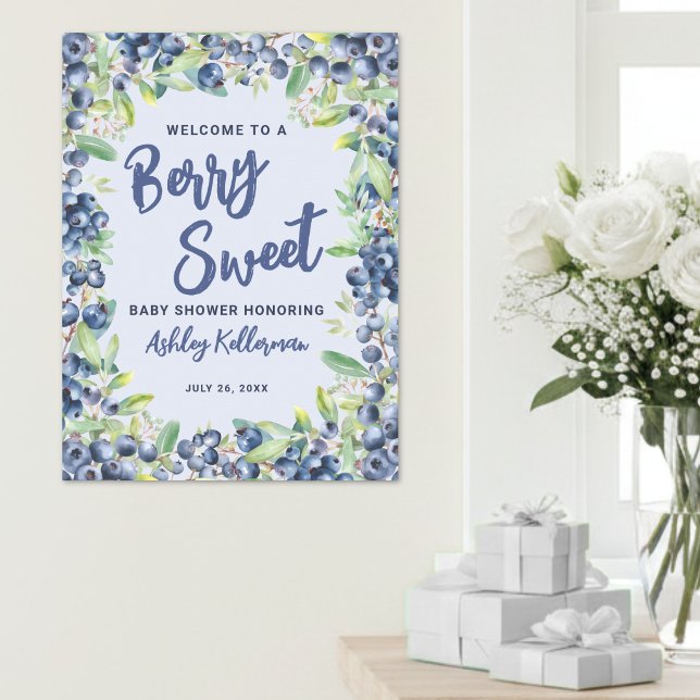 Poster Sinal de Boas-Vindas para Chá de Bebê Doce Mirtilo (Blueberry Berry Sweet Baby Shower Welcome Sign)