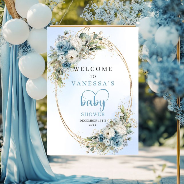 Poster Sinal de Boas-Vindas para Chá de Bebê Floral Aquar (Baby Shower Welcome Sign Floral Watercolor & Gold Lettering)