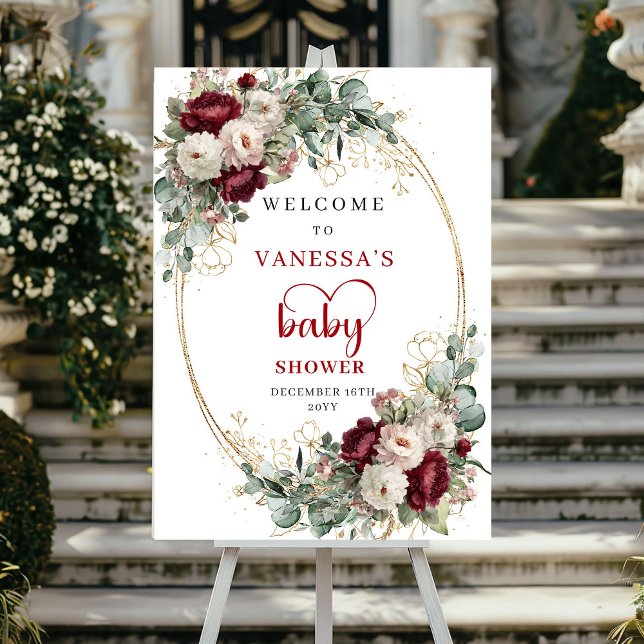 Poster Sinal de Boas-Vindas para Chá de Bebê Floral Marsa (Burgundy Marsala Floral Baby Shower Welcome)
