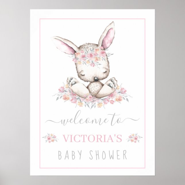 Poster Sinal de Boas-Vindas para Chá de Bebê Menina Coelh (Frente)