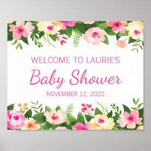 Poster Sinal de Boas-Vindas para Chá de Bebê Rosa e Flora