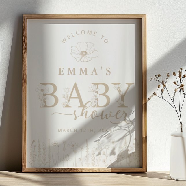 Poster Sinal de Boas-Vindas para Chá de Bebê Taupe Wildfl (Baby Shower Welcome Sign)