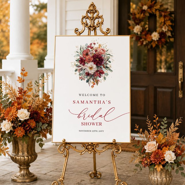 Poster Sinal de boas-vindas para chá de noiva de outono e (Stylish deep red fall bridal shower welcome sign decor

)