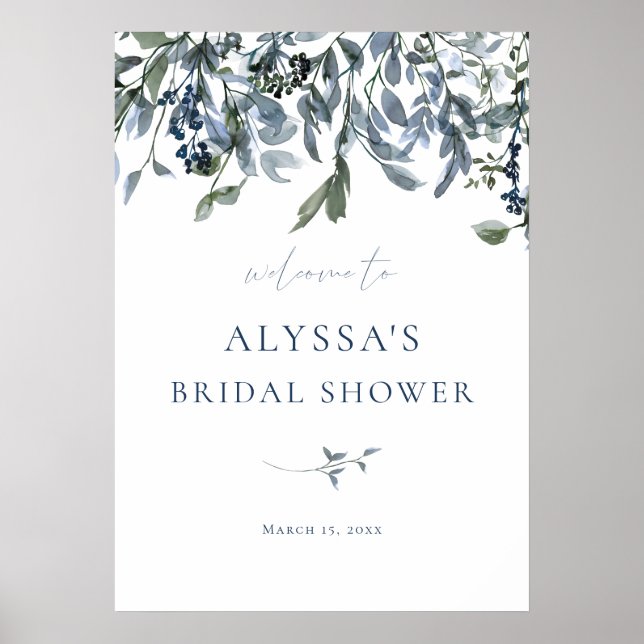 Poster Sinal de Boas-Vindas para Chá de Noiva Floral Azul (Frente)