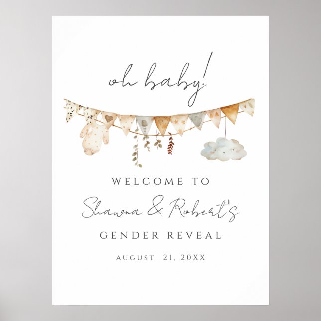 Poster Sinal de Boas-Vindas para Chás de Bebê Boho Revela (Frente)
