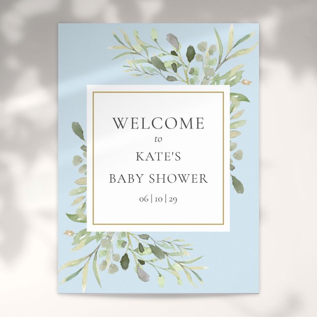 Poster Sinal de Boas-Vindas para Chuvinha de Bebê Menino  (Greenery Foliage Blue Baby Boy Shower Welcome Sign)