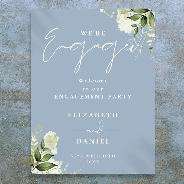 Poster Sinal de Boas-Vindas para Festa de Noivado em Azul (Floral Dusty Blue Engagement Party Welcome Sign)