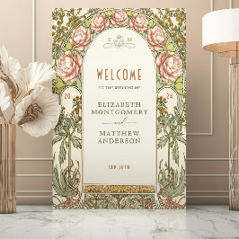Poster Sinal de Boas-Vindas Peônias Casamento Art Nouveau