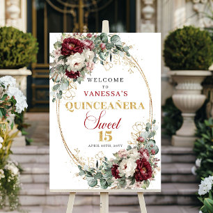 Poster Sinal de Boas-Vindas Quinceanera Boho Burgundy Flo