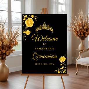 Poster Sinal de Boas-Vindas Quinceañera Floral Dourado Ec