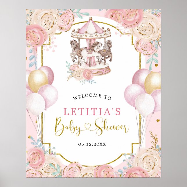 Poster Sinal de boas-vindas, rosa e Dourado, do carrossel (Frente)