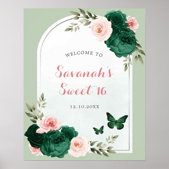 Poster Sinal de boas-vindas, Rosa e Emerald Green Sweet 1 (Frente)