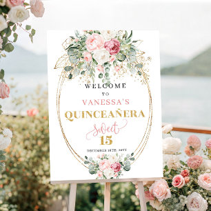 Poster Sinal de Boas-Vindas Rosa Floral Bohemiano Pálido