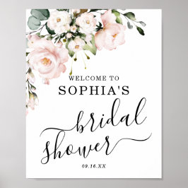 Poster Sinal de Boas-Vindas Rosa Rubor Floral para Chá de
