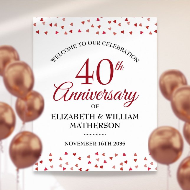 Poster Sinal de boas-vindas Ruby Love Hearts do 40º anive (40th Anniversary Ruby Love Hearts Welcome Sign)
