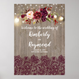 Poster Sinal de Boas-Vindas Rustic Burgundy Floral