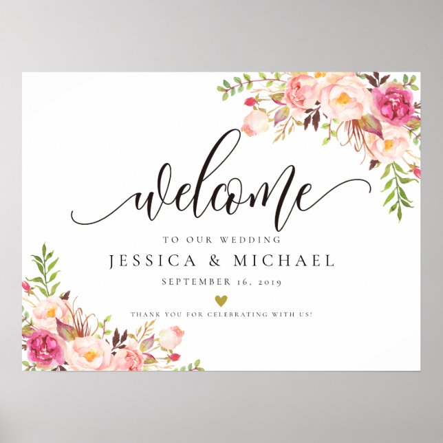 Poster Sinal de Boas-Vindas Rustic Floral Wedding (Frente)