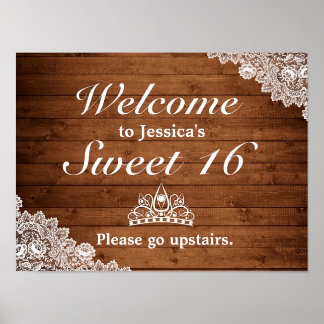 Poster Sinal de Boas-vindas Rustic Wood & Lace Tiara Swee (Frente)