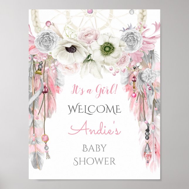 Poster Sinal de Boas-Vindas Tribal Boho Dream Catcher Ros (Frente)