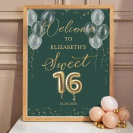 Poster Sinal de boas-vindas verde do Gold Foil Sweet 16 B