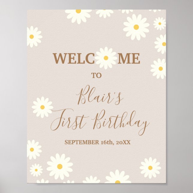 Poster Sinal de Bohemian Daisy Floral Birthday (Frente)