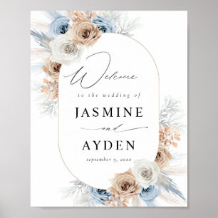 Poster Sinal de Boho Floral Azul e Beige