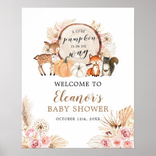 Poster Sinal de Boho Woodland Pumpkin Chá de fraldas