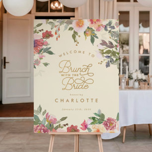 Poster Sinal de Brunch de Chá de Noiva Floral Dourado Ele