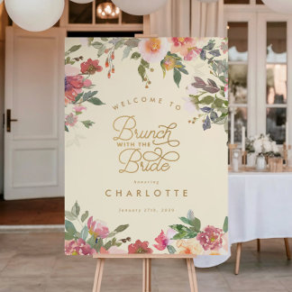 Poster Sinal de Brunch de Chá de Noiva Floral Dourado Ele