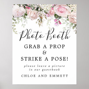 Poster Sinal de Cabine de Fotos de Casamento Floral Rosa 