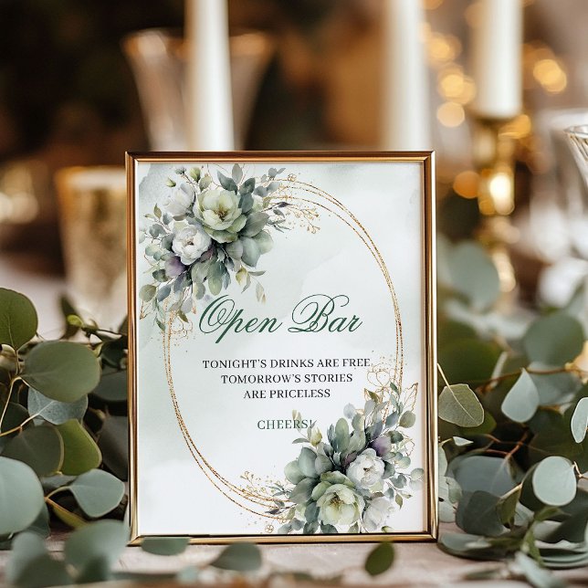 Poster Sinal de Cadeira de Bar Aberto Boho Dusty Green Ca (Boho Dusty Green Open Bar Tabletop Wedding Sign)