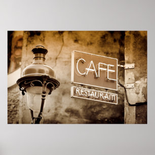 Póster Sinal de café em sépia, Paris, França