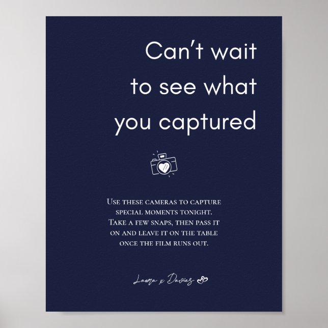 Poster Sinal de câmera descartável de casamento azul mari (Frente)